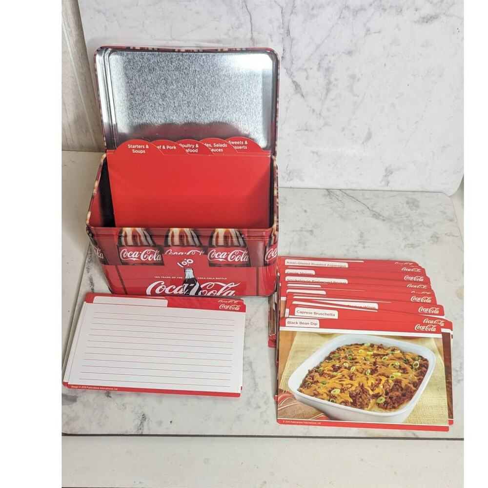 Coca Cola metal decorative recipe box premade recipes and blank cards
